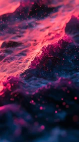 Neon pink and blue abstract waves with glowing droplets.