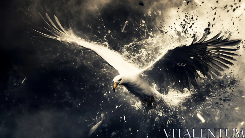 White seabird bursting through dark abstract explosion.