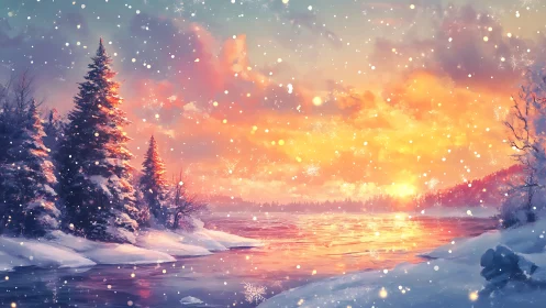 Digital painting winter river at luminous sunset horizon.