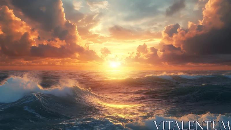 Dramatic ocean sunset with glowing clouds and rolling waves.