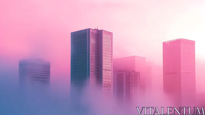 Minimalist city towers rise through pink atmospheric fog