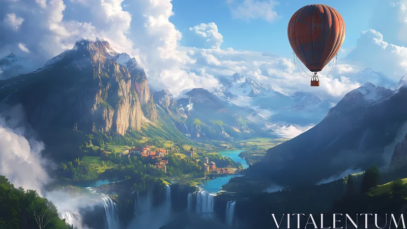 Hot air balloon drifting above a luminous alpine valley.