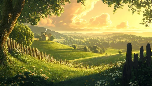 Sunlit country valley with cottage and golden rolling hills.