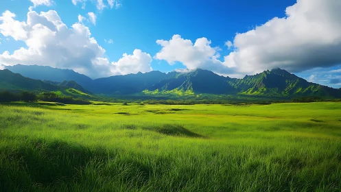 Green valley plain with distant mountain ridge under clouds.