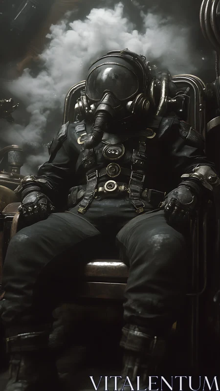 Photorealistic gas-masked pilot in industrial restraint chair.