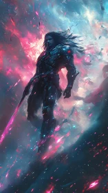 Armored space warrior standing in glowing cosmic storm.
