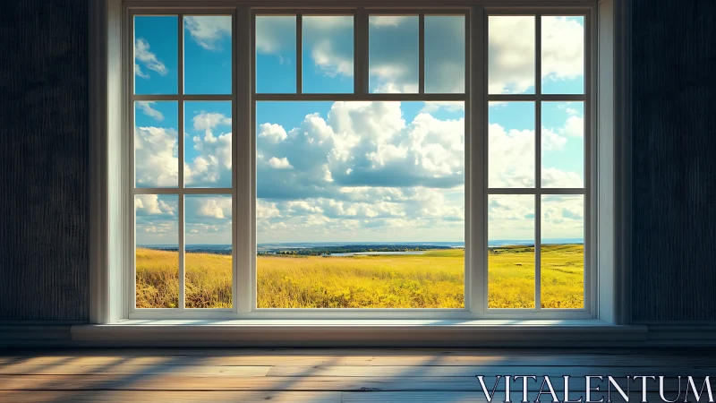 Sunlit country window framing bright yellow meadow view.