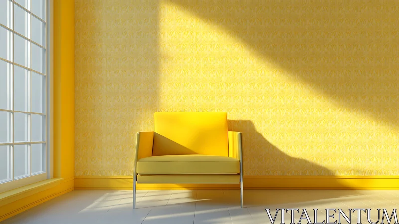 Minimalist yellow armchair in sunlit modern interior.