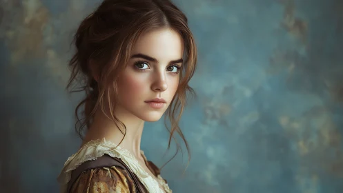 Photorealistic portrait of young woman in vintage dress.