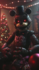 Rust-clawed Christmas animatronic bear with burning gaze.