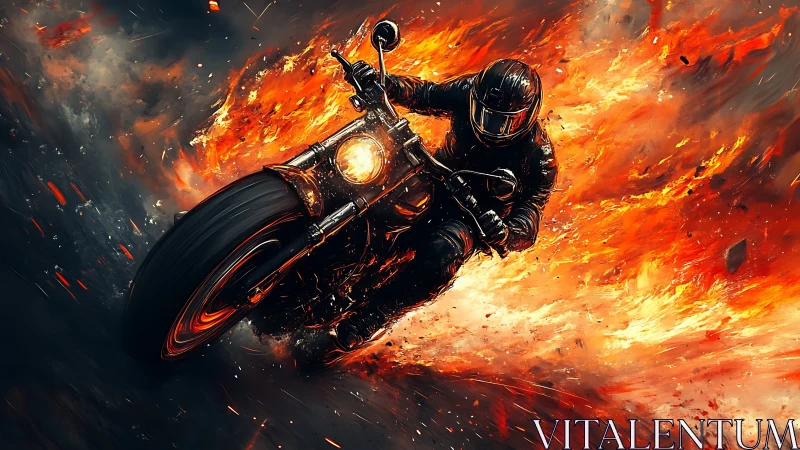 Motorcyclist riding through surrounding flames on roadway.