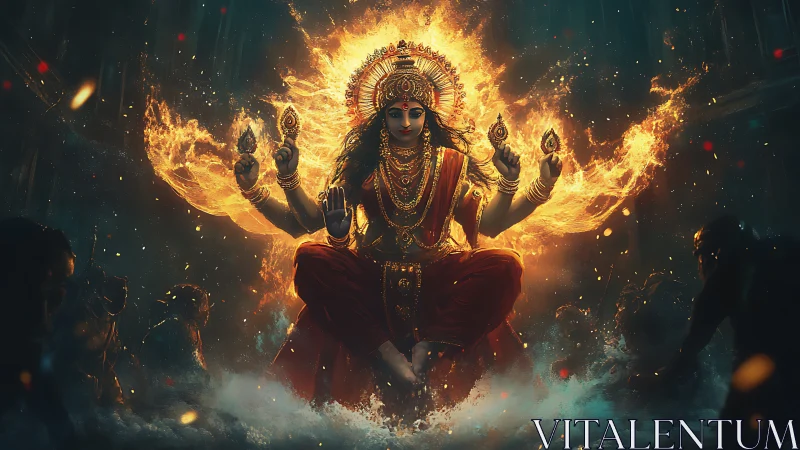 Fiery multi-armed goddess floats over stormy battlefield.