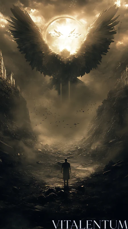 Silhouetted wanderer confronts colossal angelic light portal