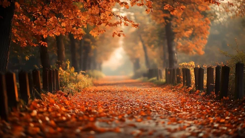 Autumn tree tunnel over leaf covered countryside path.
