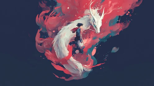 Human figure with white dragon amid red abstract forms.