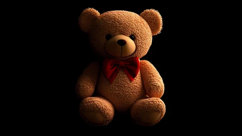Cozy teddy bear with a bright red bow in warm light.