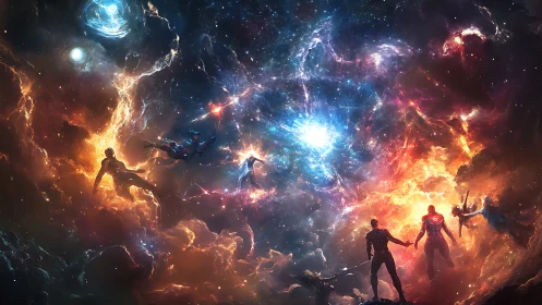 Cosmic nebula battlefield depicts luminous figures amid stellar shockwaves