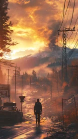 Lone wanderer follows a molten sunset road into ash-sky silence.