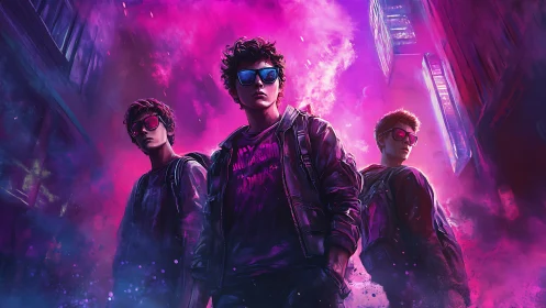 Neon street crew under cyberpunk city glow at night.