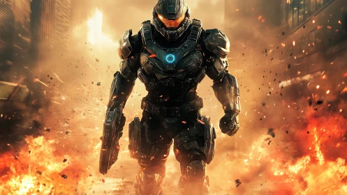 Heavily armored mech soldier advancing through urban fire.