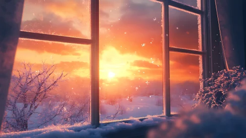 Winter sunrise glows beyond frosted window glass frame.
