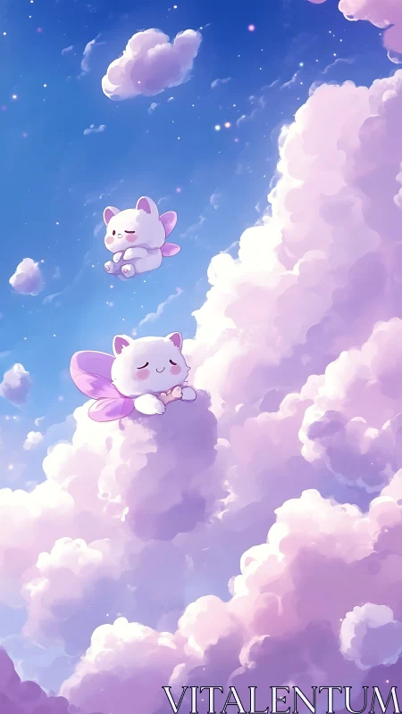 Winged Creatures in Cloud Landscape with Celestial Elements