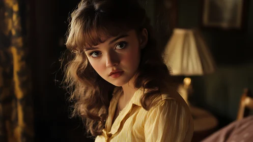 Soft portrait study in warm lamplight and golden fabric.