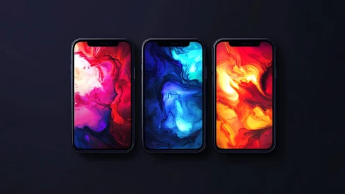 Triptych of liquid nebula screens glowing in quiet dark.