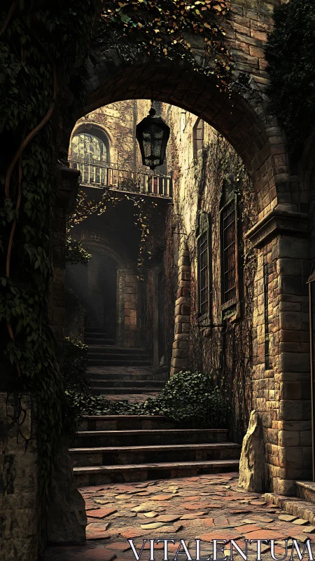 Old stone alley with worn steps and ivy covered walls.
