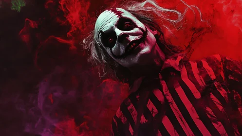 Sinister clown portrait under blood red smoky lighting.