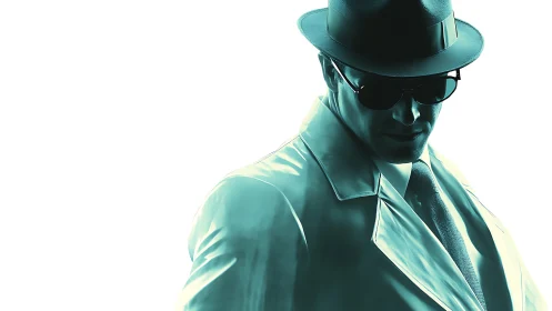 Mysterious man in trench coat stands in stark teal light