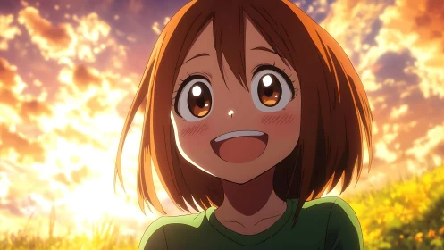 Sunlit anime girl beaming with golden hour wonder and joy.