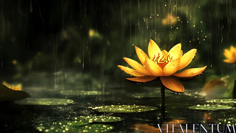 Golden lotus quietly rehearses sunlight in the falling rain