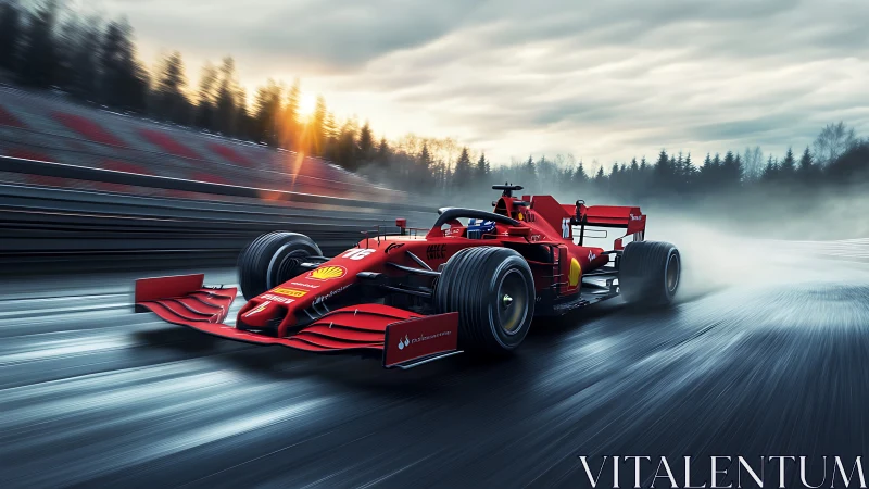 Red Formula race car on wet track at speed at sunset.