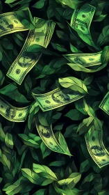 Dollar banknotes are interwoven with stylized green foliage