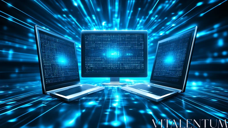 Triad of laptops sharing encrypted data streams in blue.