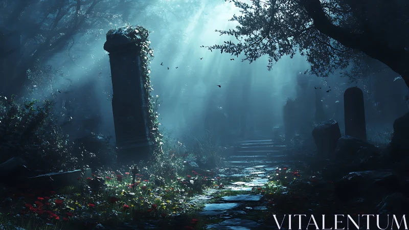 Moonlit graveyard path breathes with ghostly forest light.