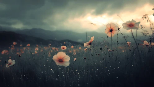 Stormlit wildflower field glows softly under distant mountains