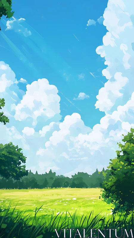 Cloud-filled sky extends above sunlit field and tree line