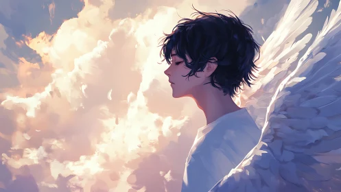 Side profile of winged figure against illuminated clouds.