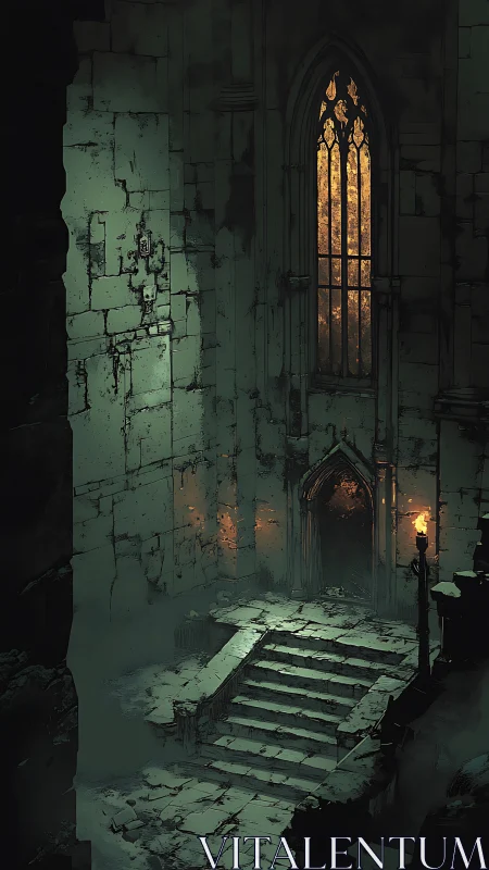 Gothic stone stairway in dim chamber with torchlit window.