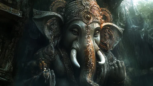 Highly detailed 3D Ganesha deity sculpture in misty stone grotto