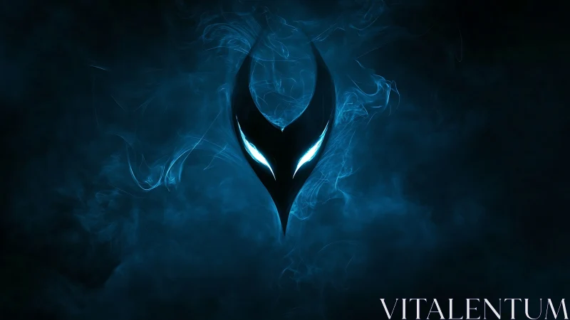 Glowing alien mask emerges from swirling electric blue mist.