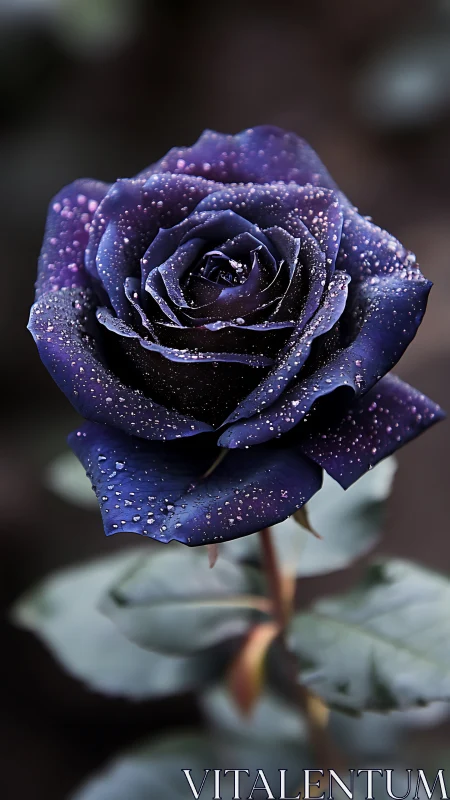 Deep purple rose bloom covered in water droplets