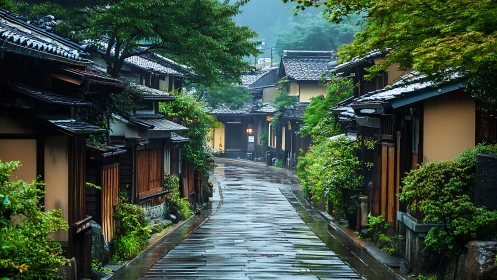 Rain-polished Kyoto alleyway humming with quiet green hush.