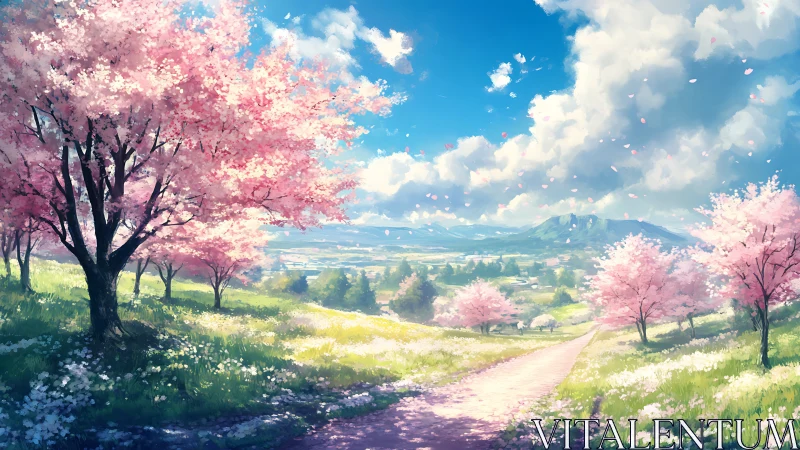 Sunlit cherry blossom path across rolling spring valley.