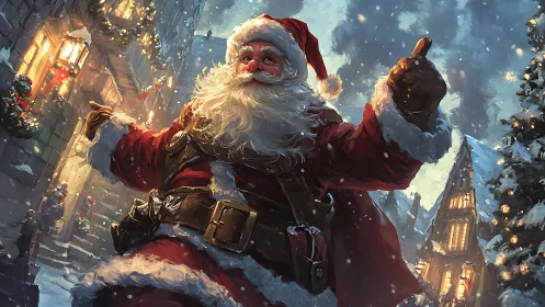 Joyful Santa strides through a glowing snowy Christmas town