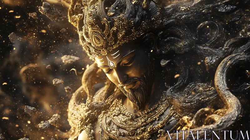 Golden cosmic guardian resting in swirling starlight.