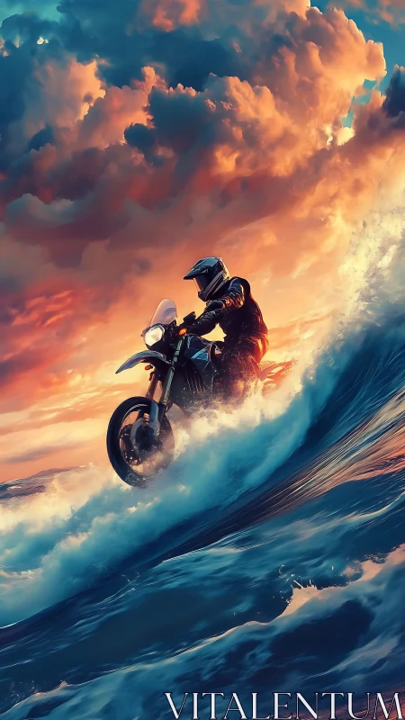 Hydrodynamic wave riding motorcycle under volumetric sunset sky.