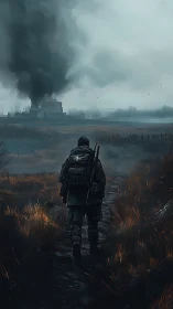 Solitary soldier advancing toward burning distant homestead.